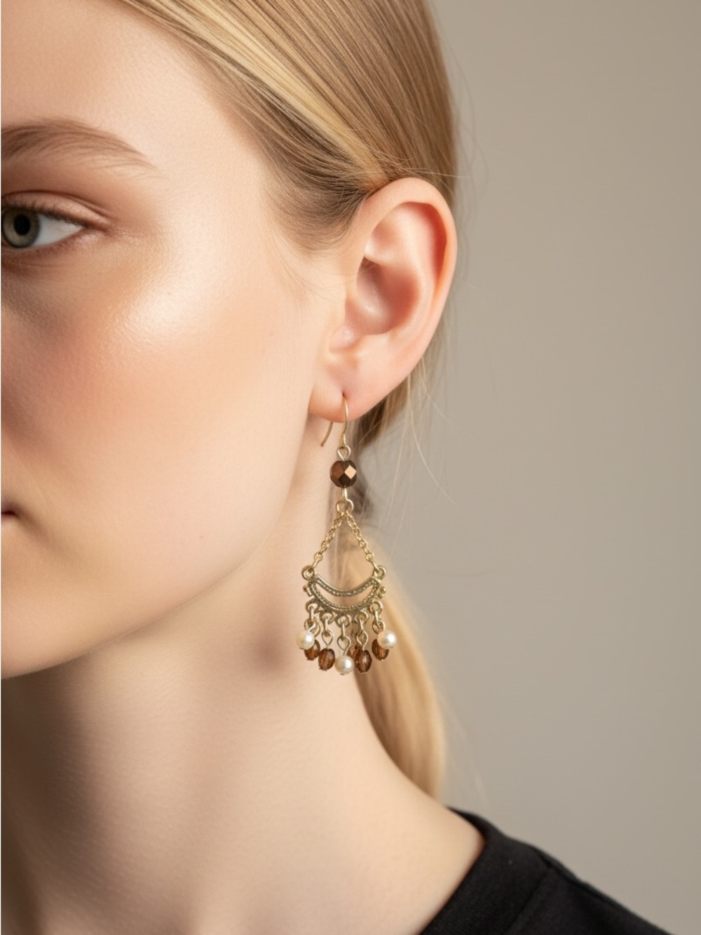 9/19 Gold Tone Dangle Earrings with Brown and Cream Beads